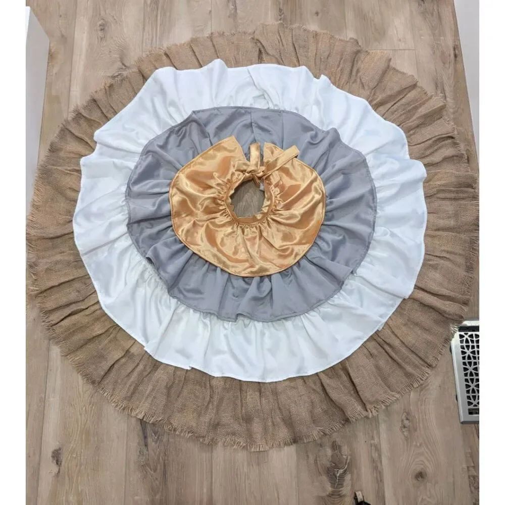 Handmade 56" Christmas Tree Skirt Burlap Satin Glitter Felt Back Large Rustic